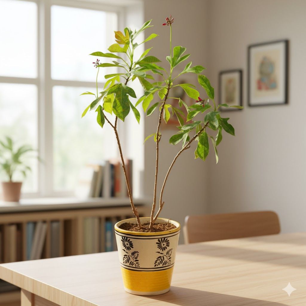 Jatropa in 5 Inch Yellow Black Flower Designer Balti Shaped Ceramic Pot