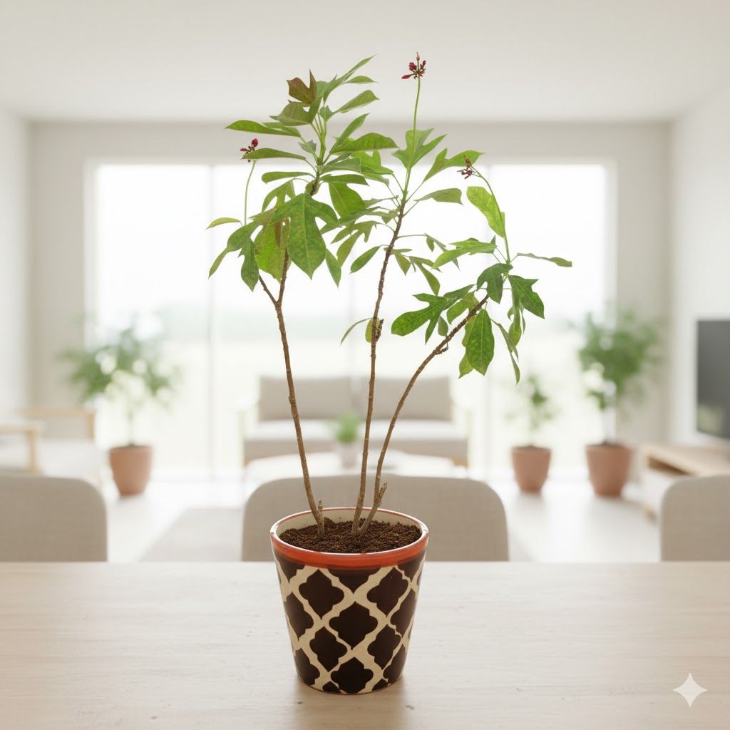 Jatropha / Sundar Rupa (any colour) in 5 Inch Black Moroccan Designer Balti Shaped Ceramic Pot