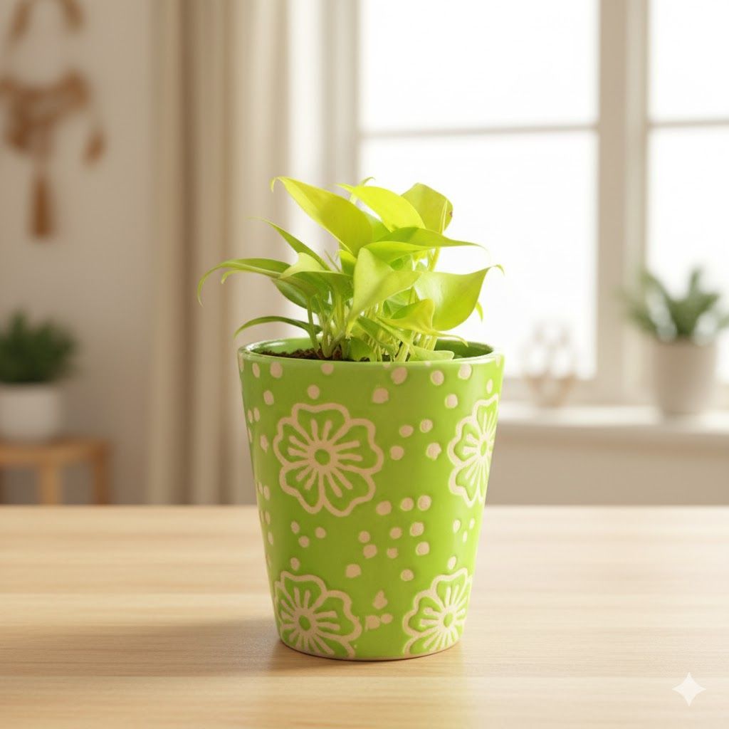 Oxycardium Golden in 4 inch Green Floral Designer Taper Ceramic Pot