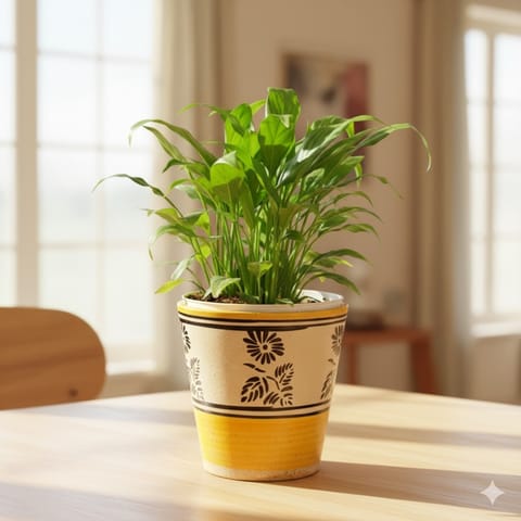 Peace Lily in 5 Inch Yellow Black Flower Designer Balti Shaped Ceramic Pot