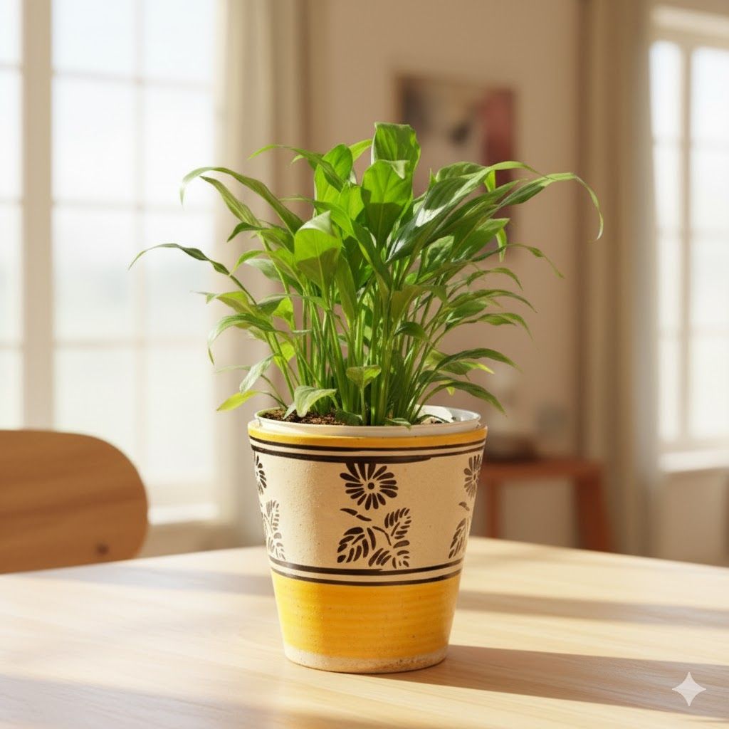 Peace Lily in 5 Inch Yellow Black Flower Designer Balti Shaped Ceramic Pot