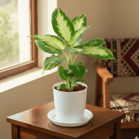 Gift Ready - Dieffenbachia Dumbcane in 5 Inch White Premium Sphere Plastic Pot with Tray With a Chic Bag