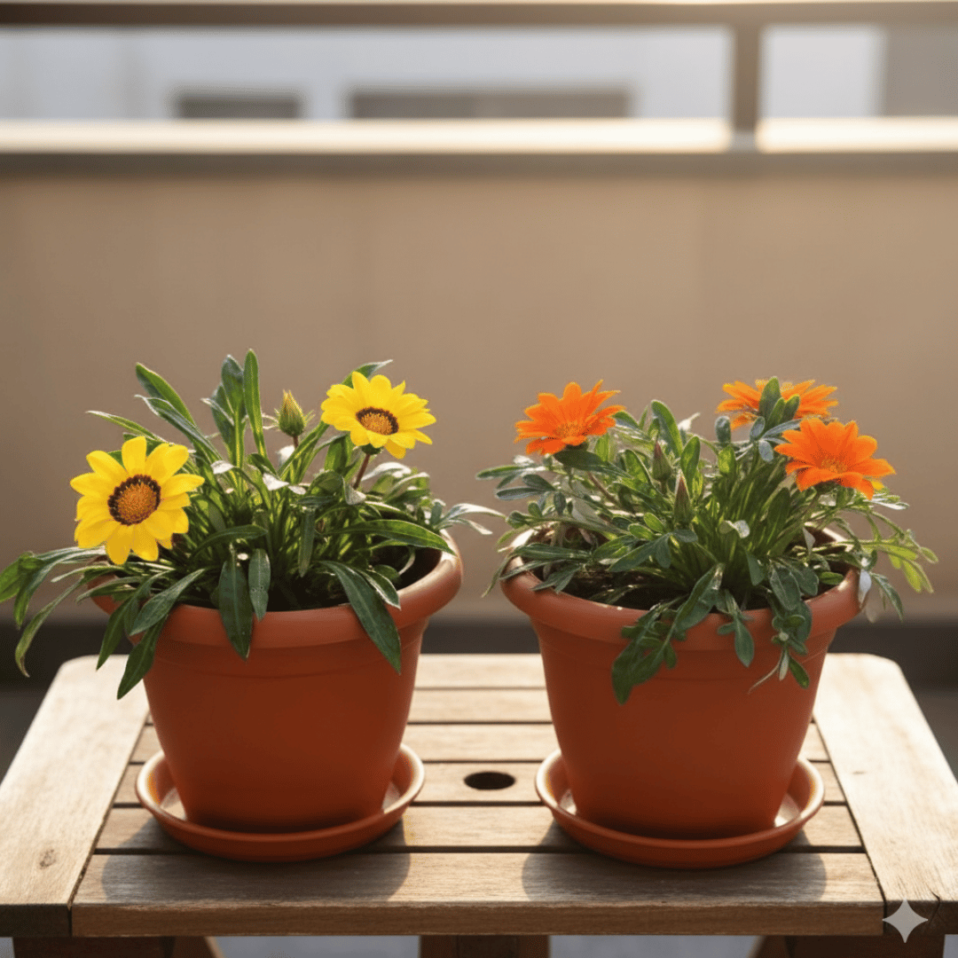 Set of 2 - Gazania (Orange & Yellow) in 7 Inch Classy Red Plastic Pot with Tray