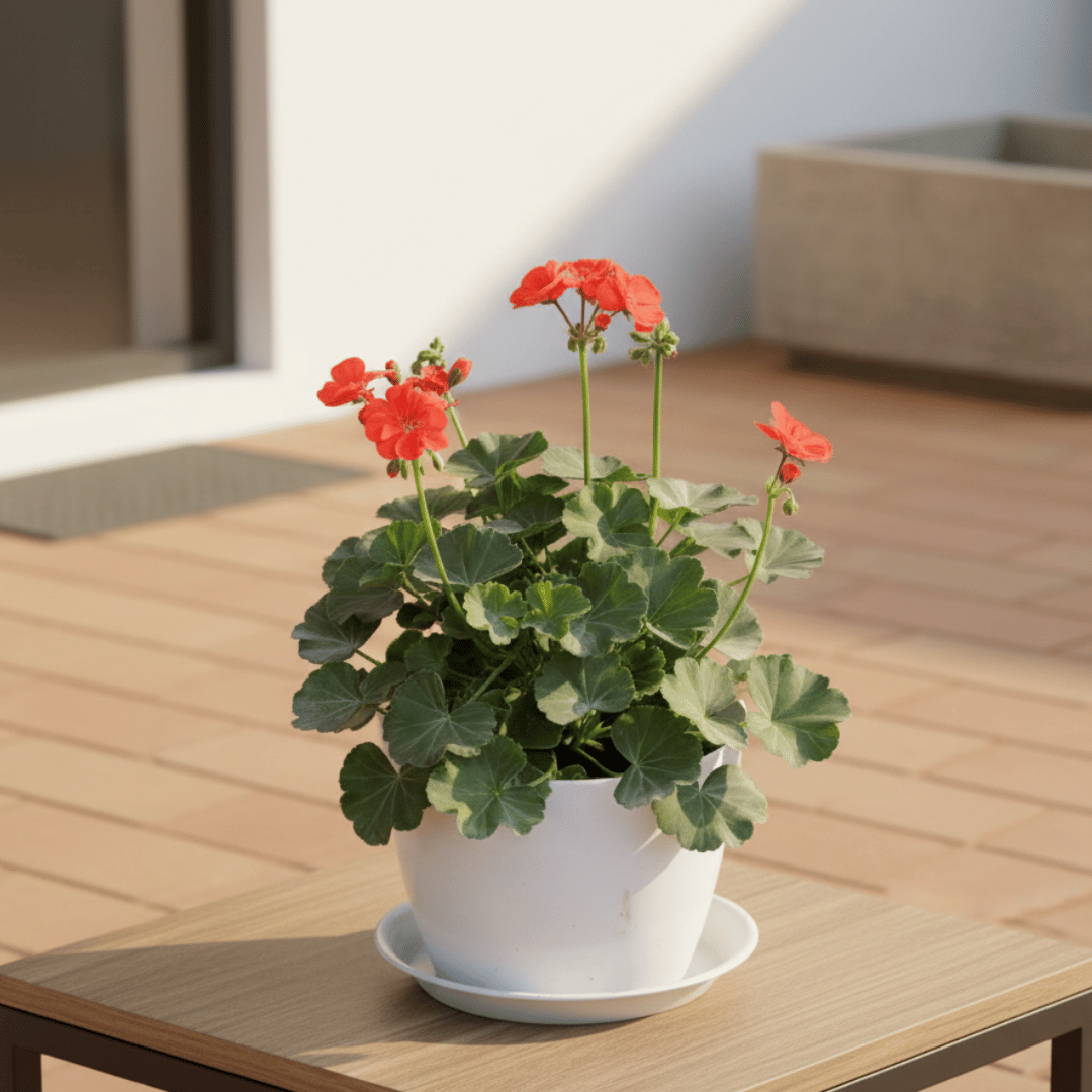 Geranium (Any Colour) in 7 Inch White Premium Sphere Plastic Pot with Tray