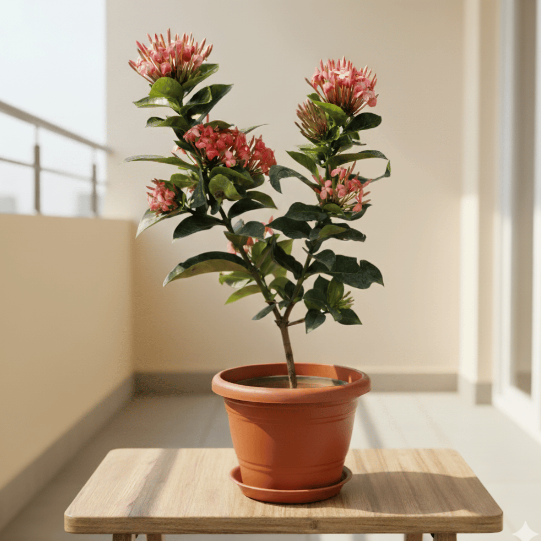 Ixora Pink in 7 Inch Classy Red Plastic Pot with Tray