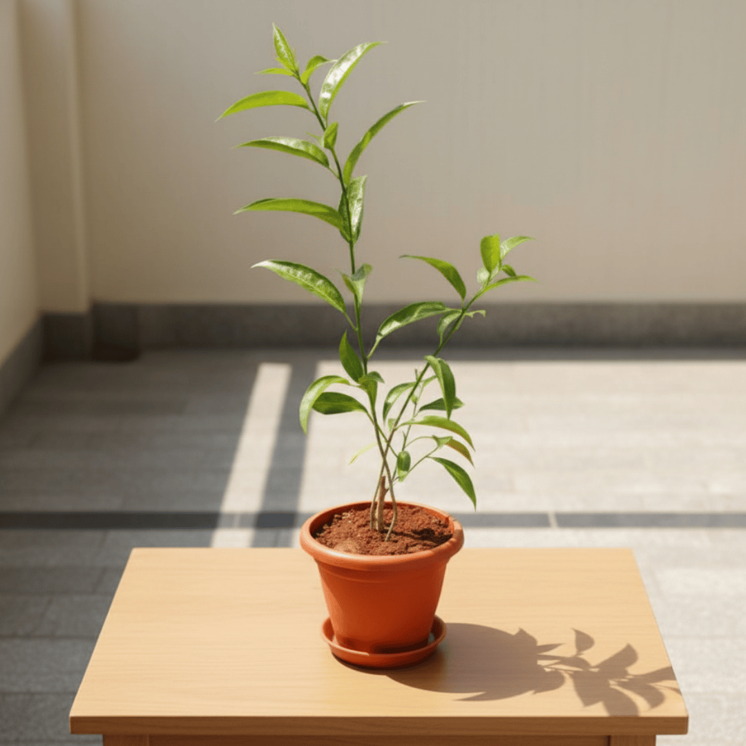 Raat Ki Rani / Night Blooming Jasmine in 7 Inch Classy Red Plastic Pot with Tray