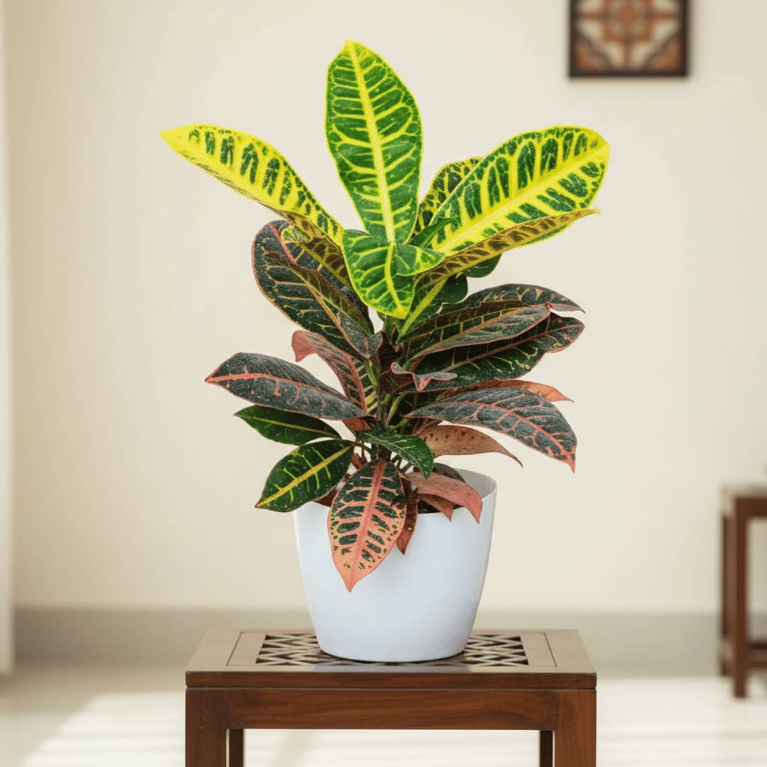Croton Petra in 7 Inch Orchid White Premium Plastic Pot