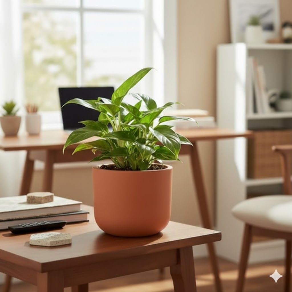 Money Plant Green in 4 inch Aaroh Maati Pot - Modern Curved Handcrafted Appeal