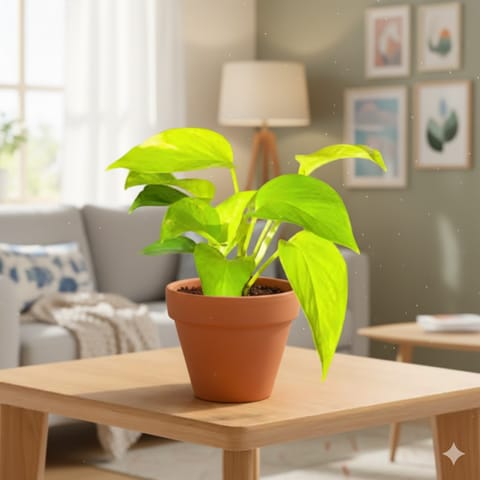 Gift Ready - Money Plant Golden in 3 inch Dhara Maati Pot - Natural Clay Classic Look - comes in a beautiful gifting bag