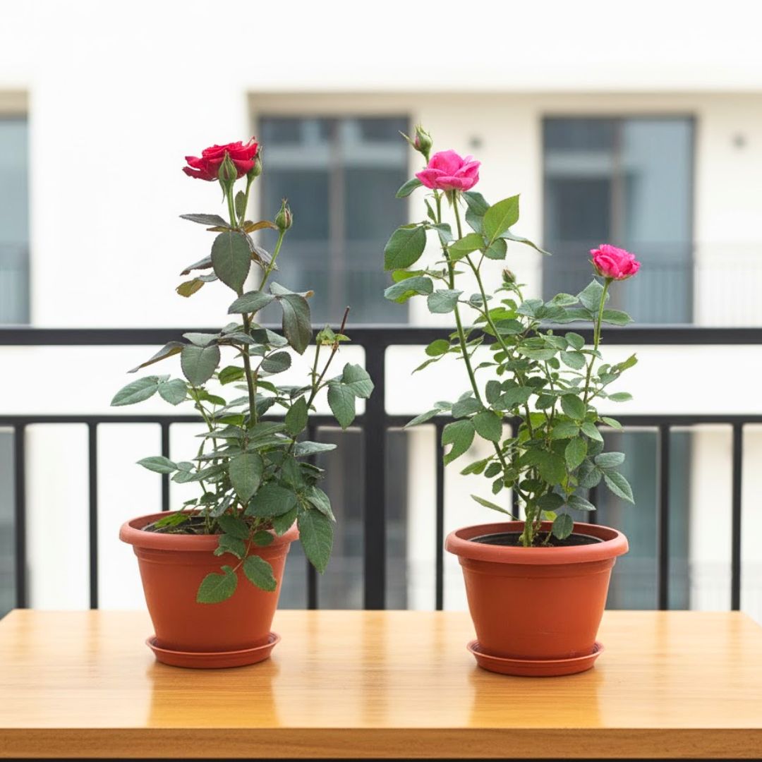 Set Of 2 - Rose (Red & Pink) in 7 Inch Terracotta Red Classy Plastic Pot With Tray