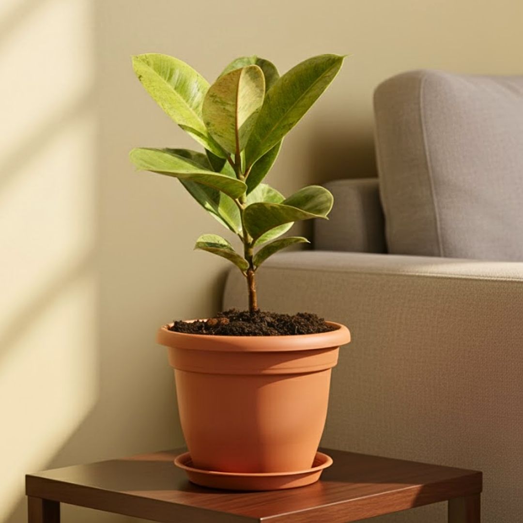 Rubber Green in 7 Inch Classy Red Plastic Pot with Tray