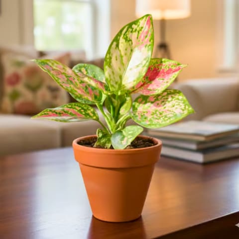 Aglaonema Pink Dalmation in 3 inch Dhara Maati Pot - Natural Clay Classic Look
