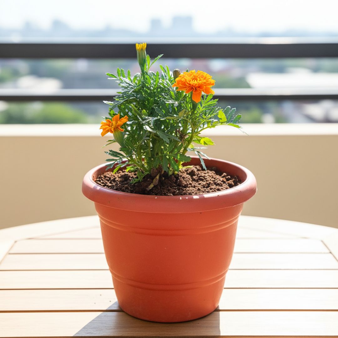 Marigold / Genda Orange in 7 Inch Classy Red Plastic Pot