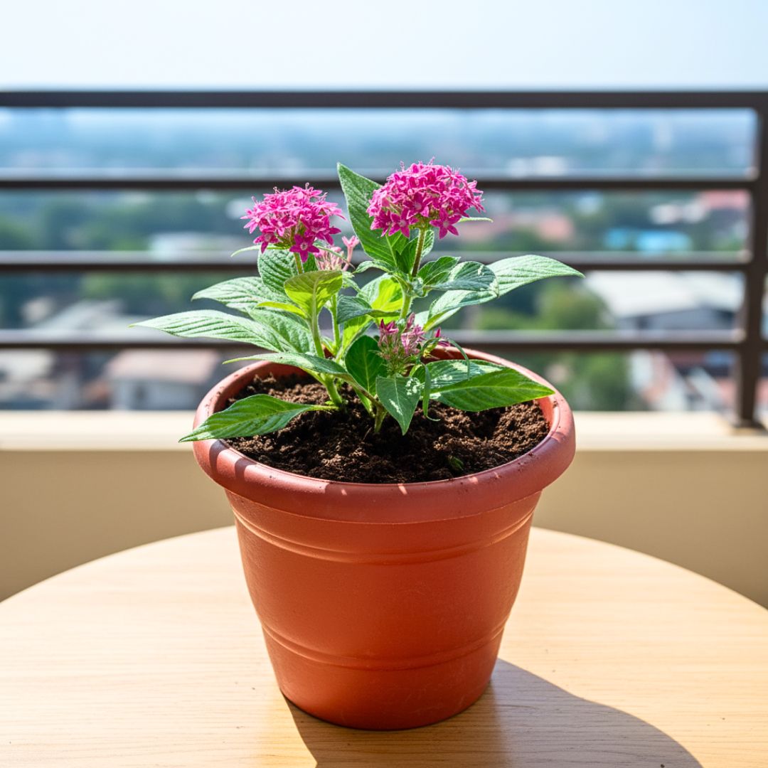 Pentas pink in 7 Inch Classy Red Plastic Pot