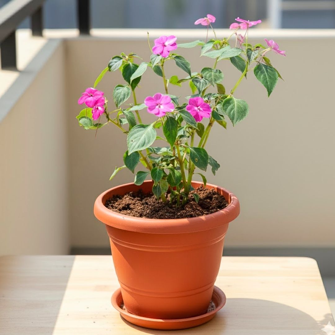 Balsam Pink in 7 Inch Classy Red Plastic Pot with Tray