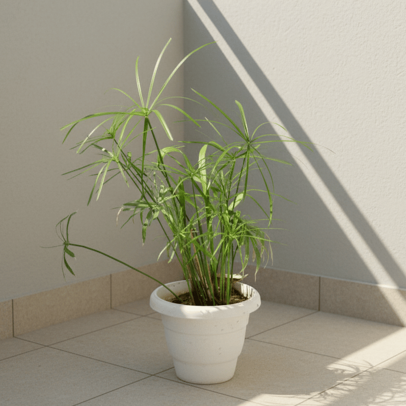 Umbrella Palm in 8 Inch Classy White Plastic Pot