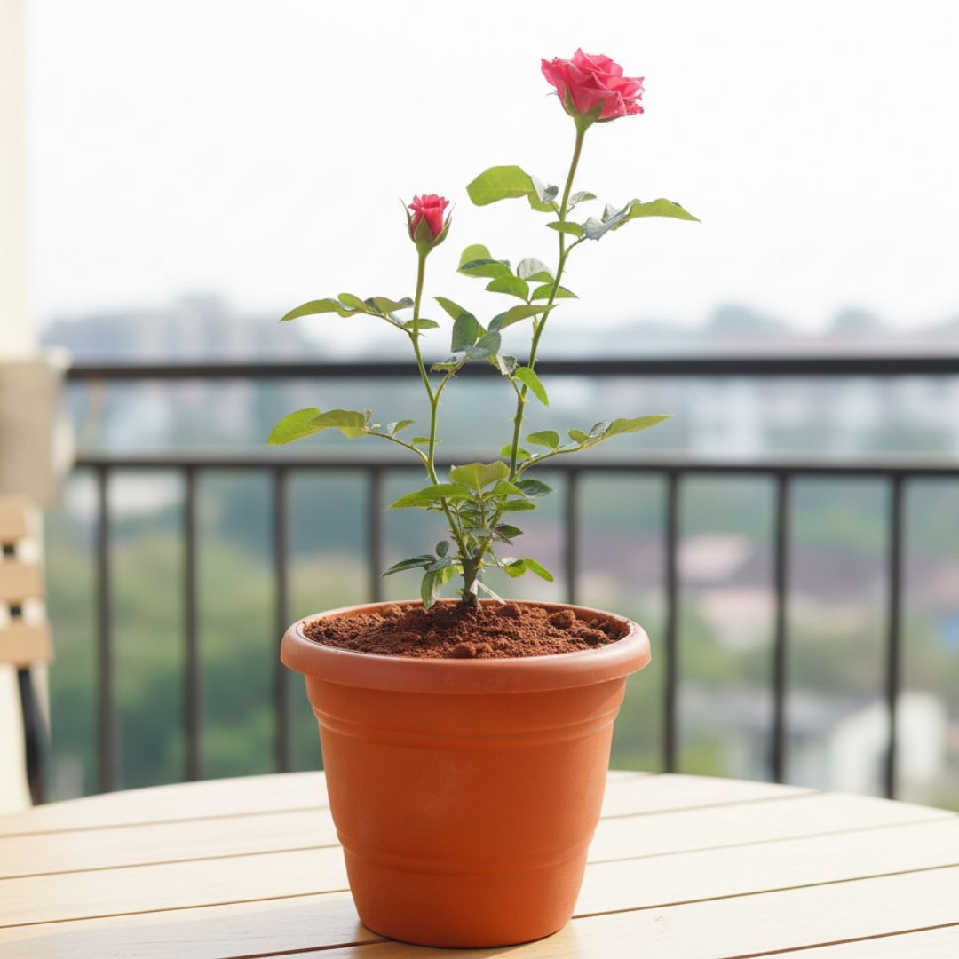 Rose / Gulab Pink in 7 Inch Classy Red Plastic Pot