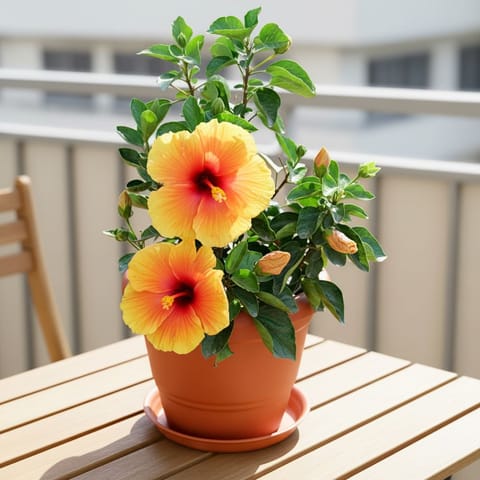Hibiscus (any colour) in 10 Inch Red Plastic Pot with Tray