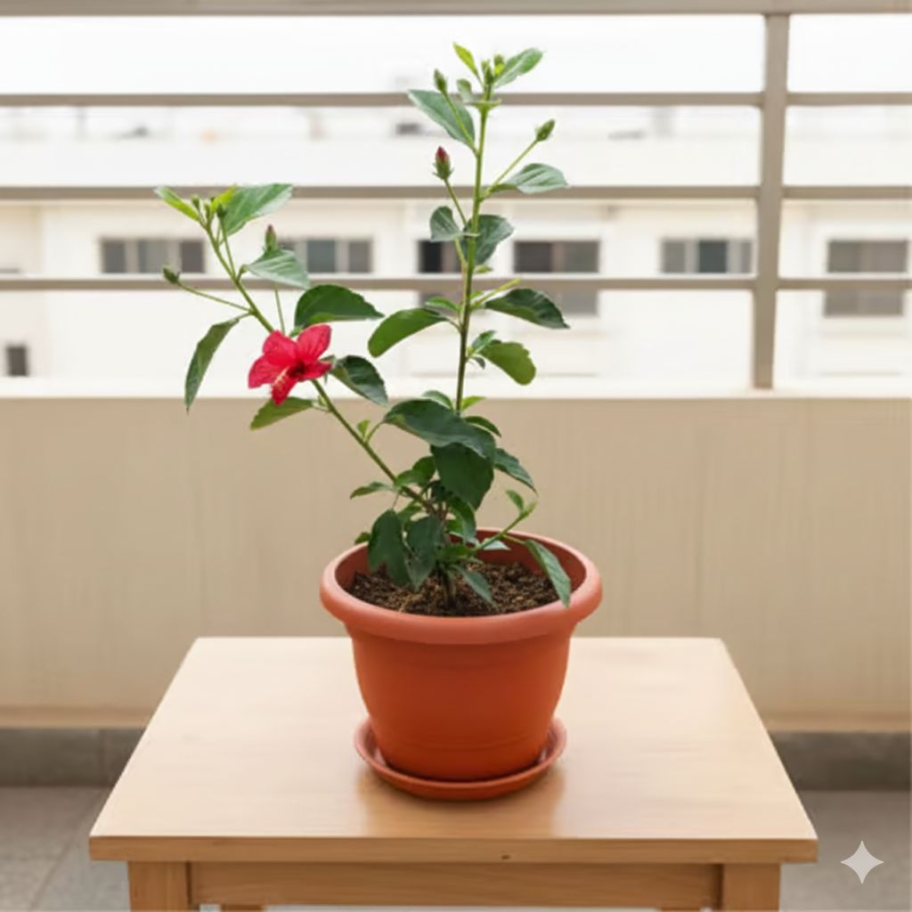 Hibiscus China Pink in 7 Inch Classy Red Plastic Pot with Tray