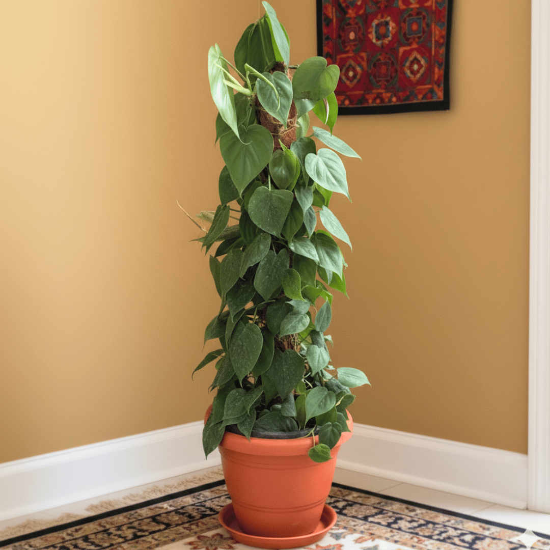 Philodendron Green With 3 Ft Moss Stick in 10 Inch Terracotta Red Classy Plastic Pot