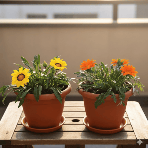 Set of 2 - Gazania (Orange & Yellow) in 7 Inch Classy Red Plastic Pot with Tray