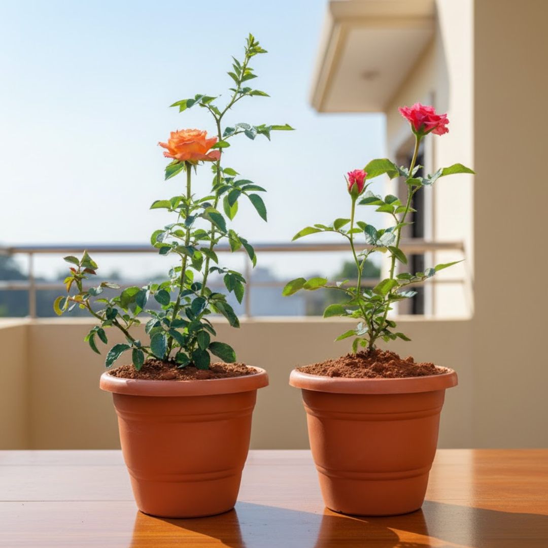 Set of 2 - Rose / Gulab (Pink & Orange) in 7 Inch Classy Red Plastic Pot