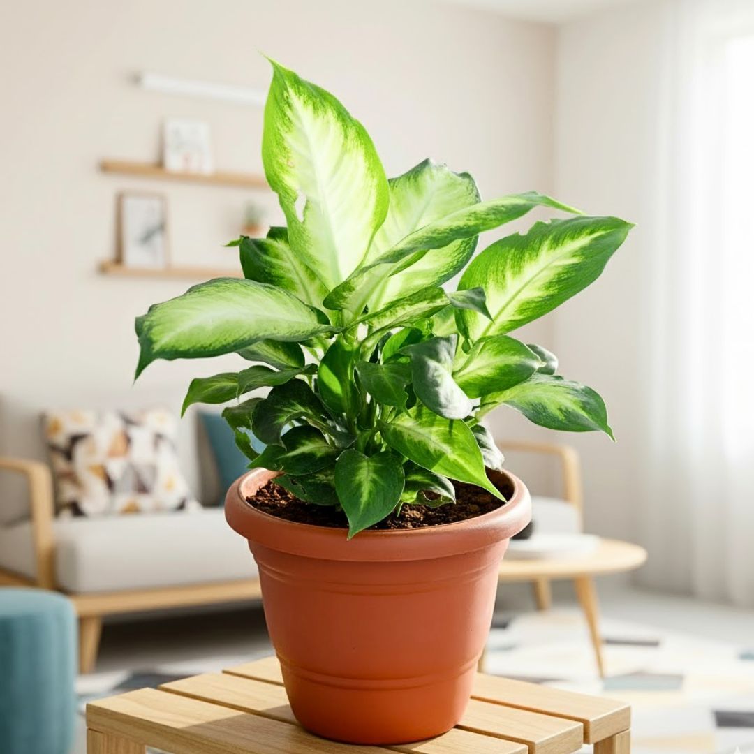 Dieffenbachia Honeydew in 7 Inch Classy Red Plastic Pot