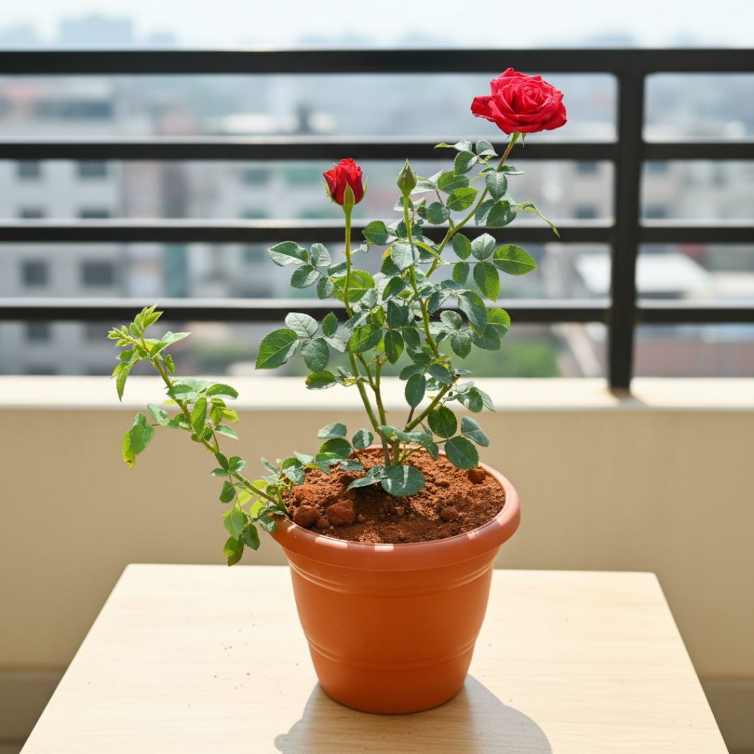 Rose / Gulab Red in 7 Inch Classy Red Plastic Pot