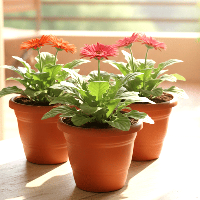 Set of 3 - Gerbera (any colour) in 7 Inch Red Classy Plastic Pot