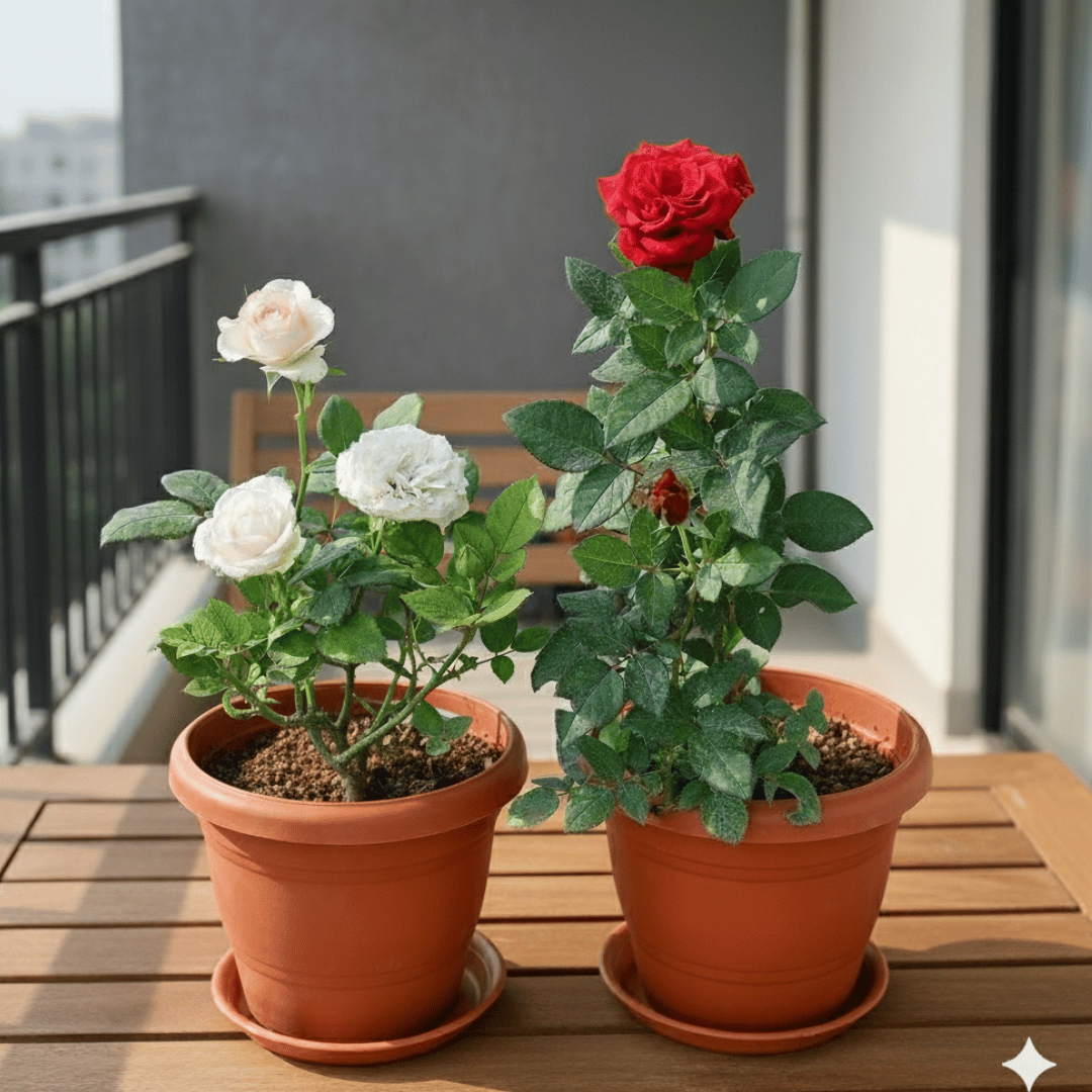 Set of 2 - Rose (Red & White) in 8 Inch Classy Red Plastic Pot with Tray