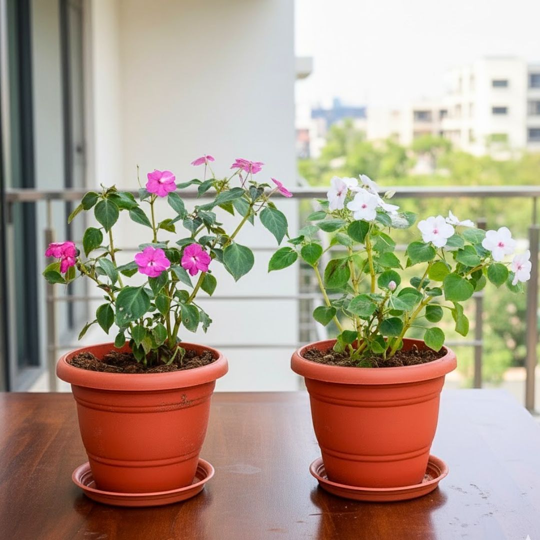 Set of 2 - Balsam (White & Pink) in 7 Inch Classy Red Plastic Pot with Tray