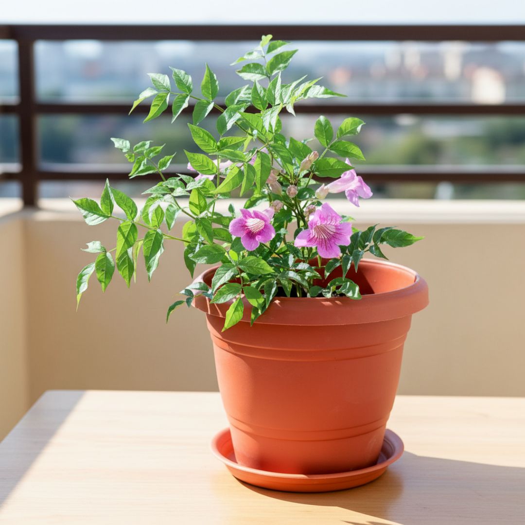 Tecoma (Any Colour) in 8 Inch Classy Red Plastic Pot with Tray
