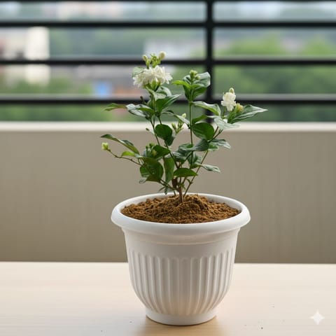 Mogra / Jasmine Pune in 8 Inch White Olive Plastic Pot