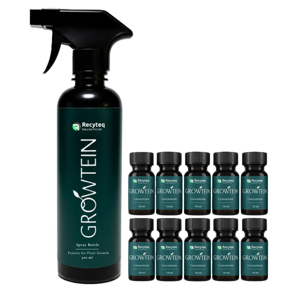 Growtein Growth Booster Kit | 500ml Spray Bottle with 10 x 10ml Concentrate | Protein-Based Plant Growth Promoter for All Plants
