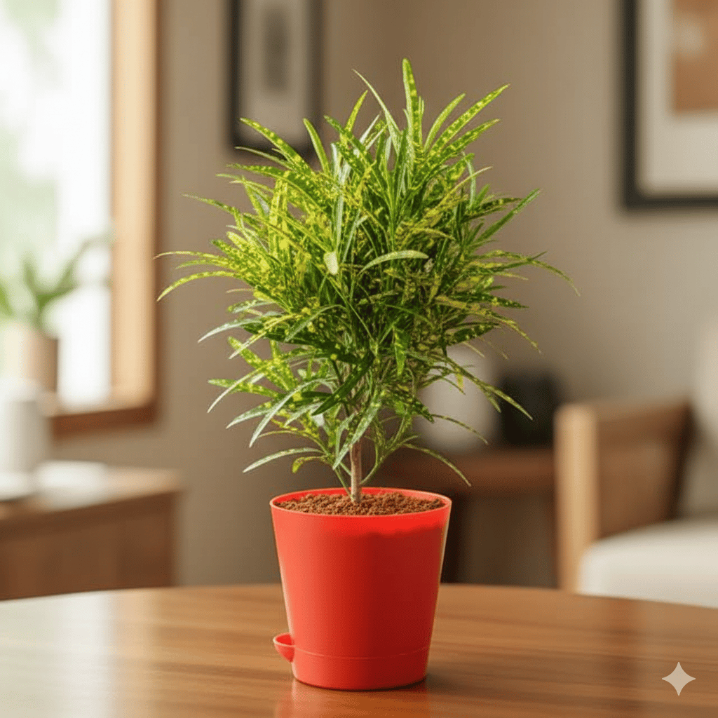 Chironji Croton in 4 Inch Red Florence Self Watering Pot