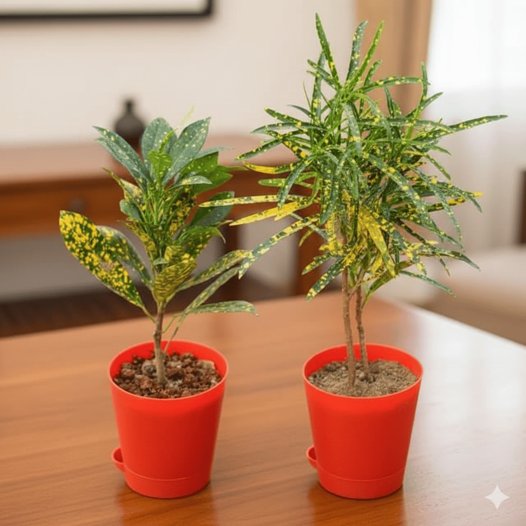 Set of 2 - Baby Croton & Chironji Croton in 4 Inch Red Florence Self Watering Pot