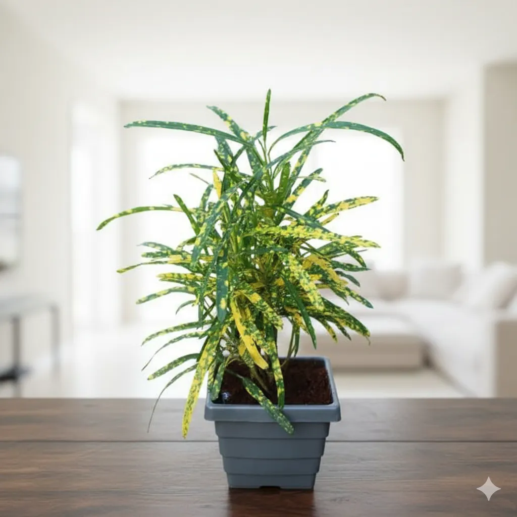 Chironji Croton Gold Star in 4 Inch Grey Premium Square Plastic Pot