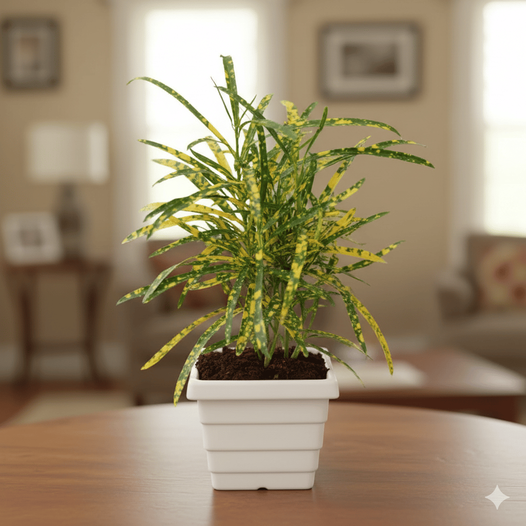 Chironji Croton Gold Star in 4 Inch White Marble Premium Orchid Premium Square Plastic Pot