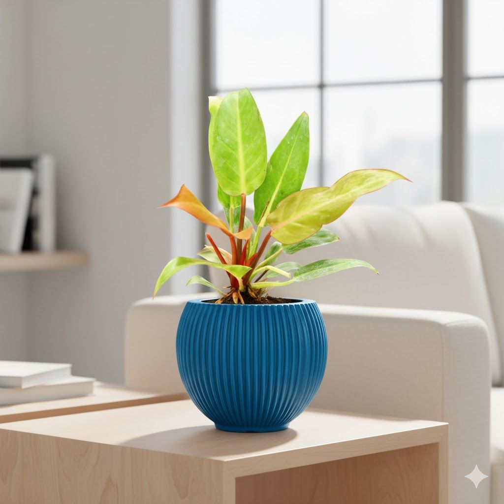 Philodendron Red in 5 Inch Azure Blue Matt Sylvan Plastic Pot