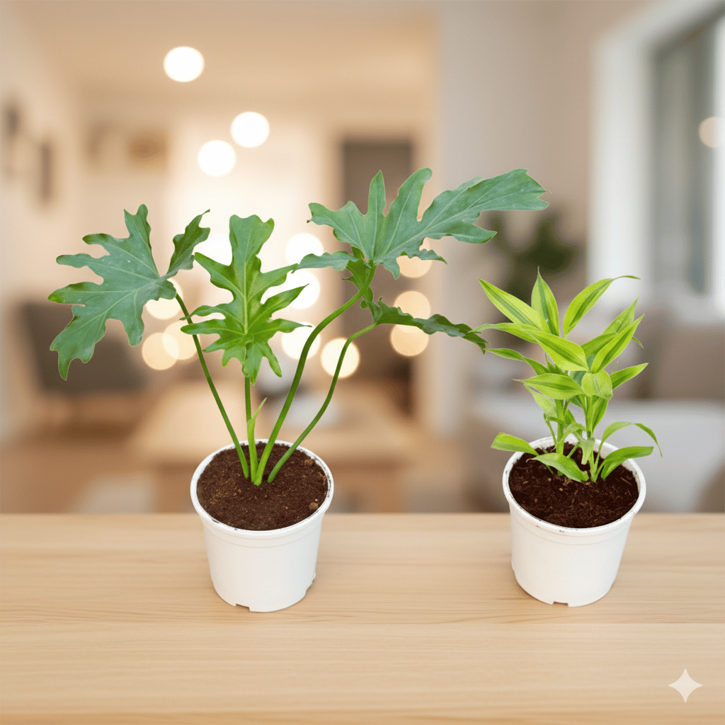 Set of 2 - Philodendron Selloum & Golden Lucky bamboo in 6 Inch White Nursery Pot