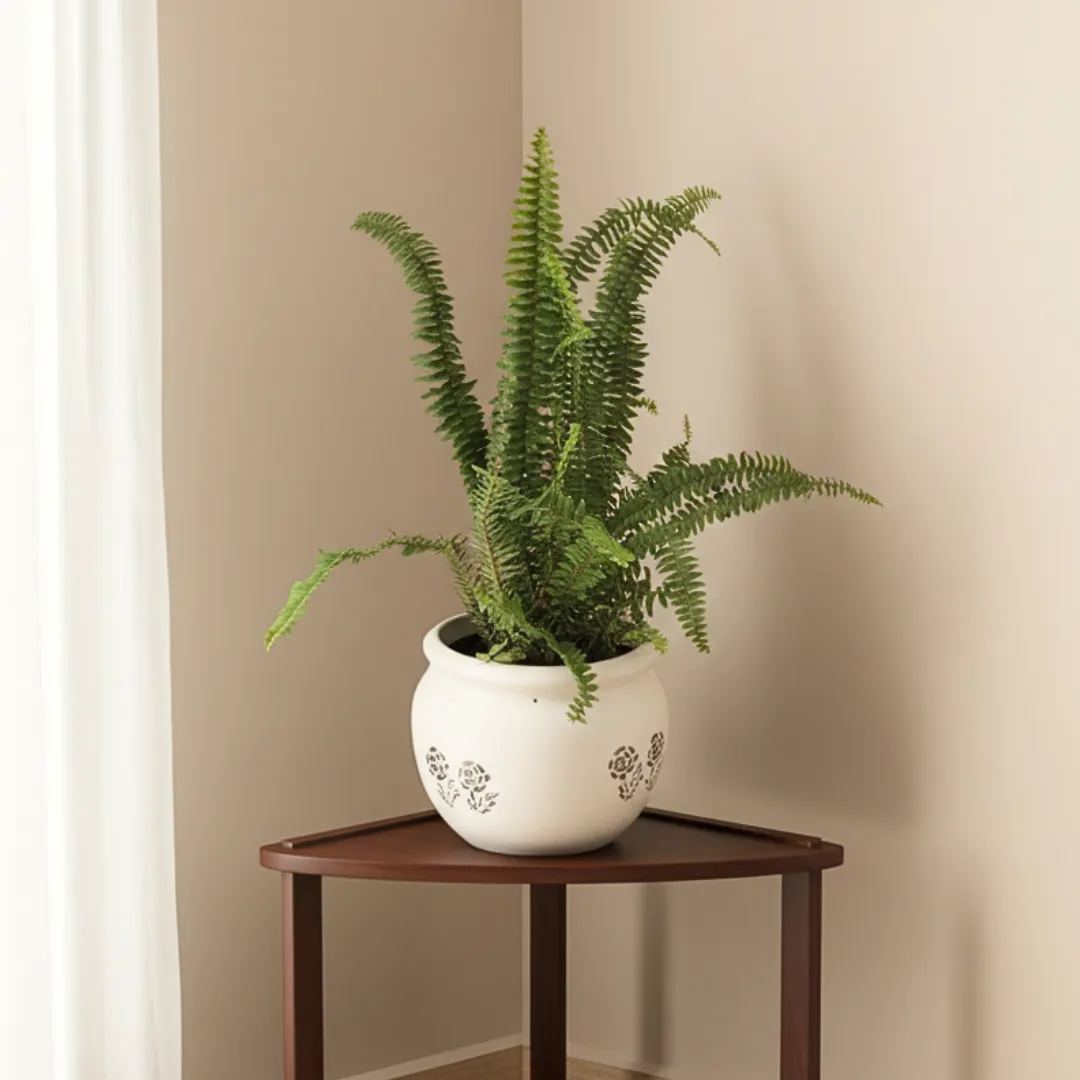 Fern Green in 8 Inch Classy White Matki Ceramic Pot