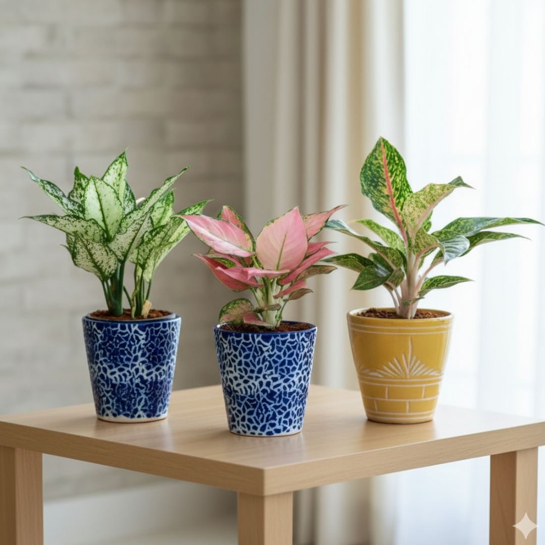 Set of 3 - Aglaonema (Etta Rose, Wishes & Red Peacock) in 5 Inch Balti Designer Ceramic Pot (any colour & design)