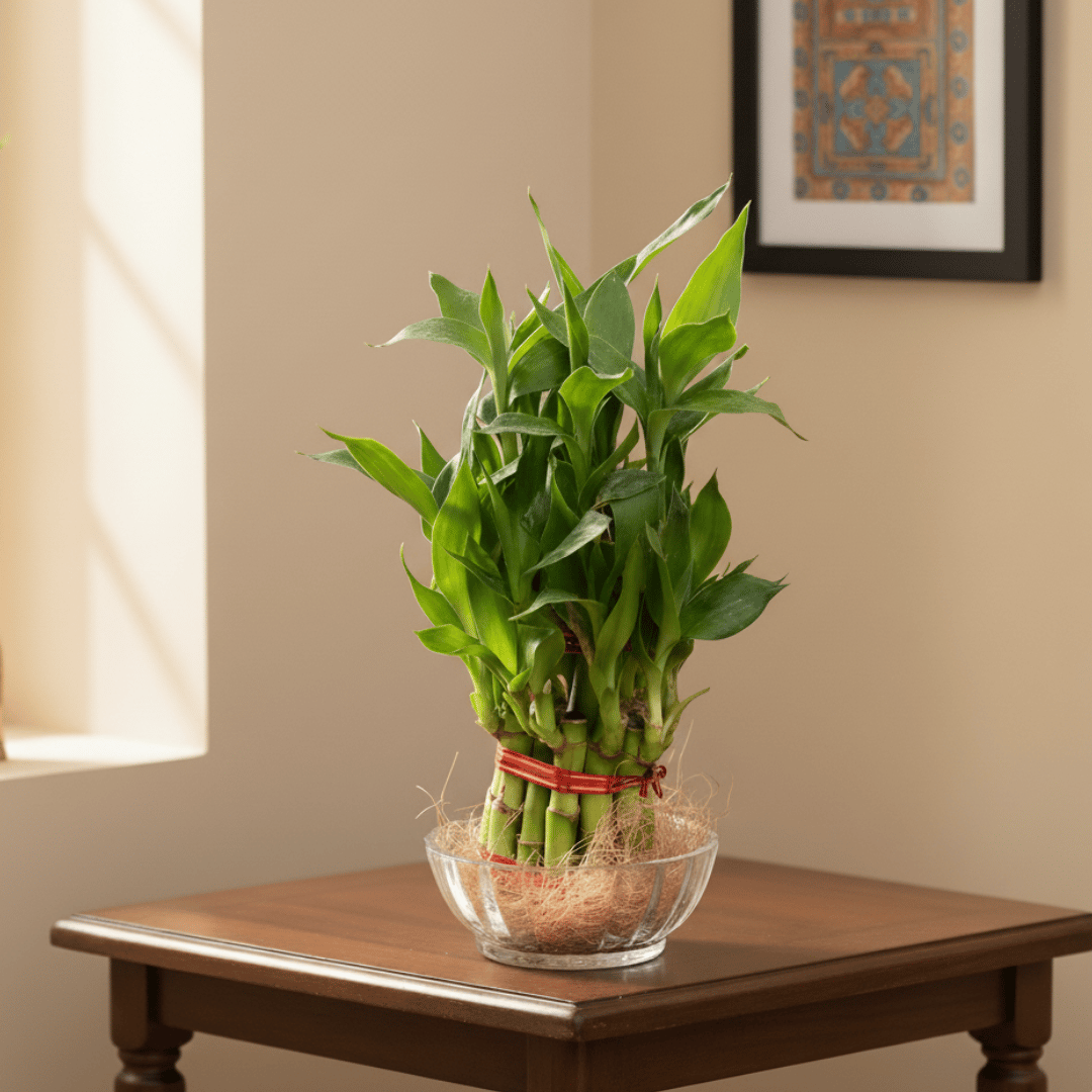 Gift Ready - 2 Layer Lucky Bamboo in 3 Inch Glass Bowl With a Chic Bag