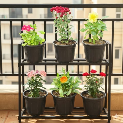 Flowers on Display - Set of 6 - Petunia, Chrysanthemum, Dahlia, Rose, Calendula & Dianthus in 6 Inch Black Super Nursery Pot