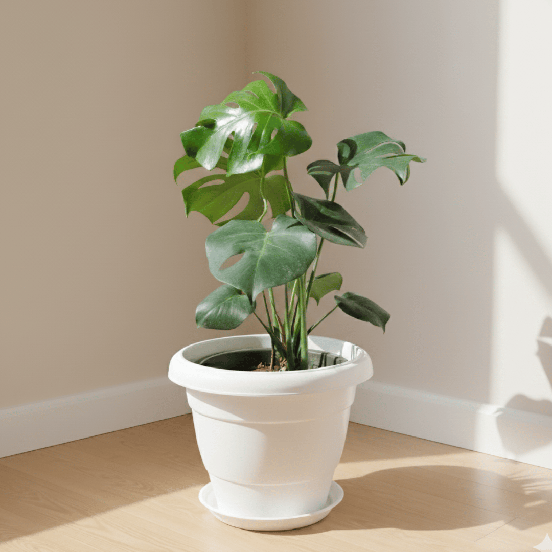 Monstera Deliciosa in 8 Inch Classy White Plastic Pot with Tray