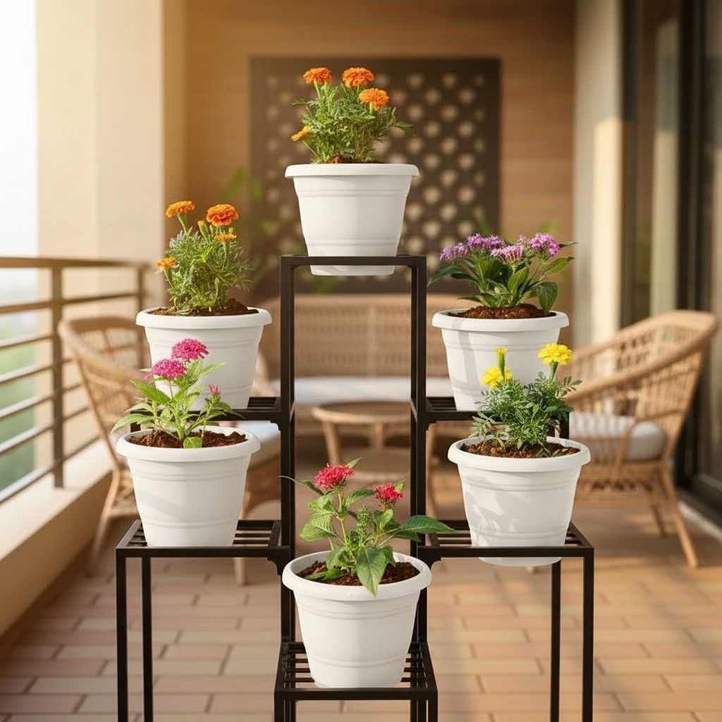 Set of 6 - Pentas Pink, Marigold / Genda French Orange, Marigold Yellow, Marigold Orange, Pentas Lavender & Pentas Red in 8 Inch White Classy Plastic Pot