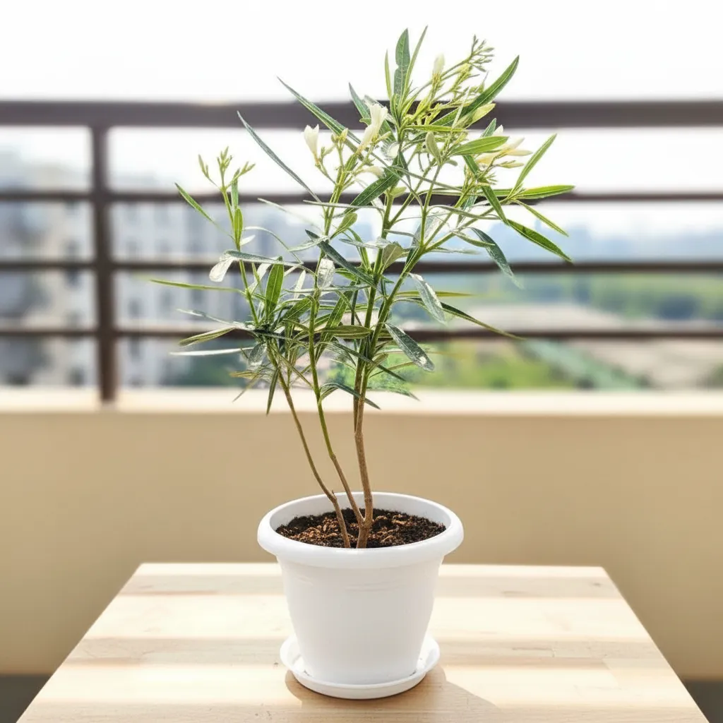Kaner / Oleander White (~ 2 Ft) in 8 Inch White Classy Plastic Pot with tray