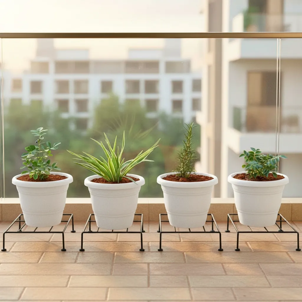 Set of 4 - Curry Patta, Rose Mary, Aparajita & Spider in 8 Inch White Classy Plastic Pot