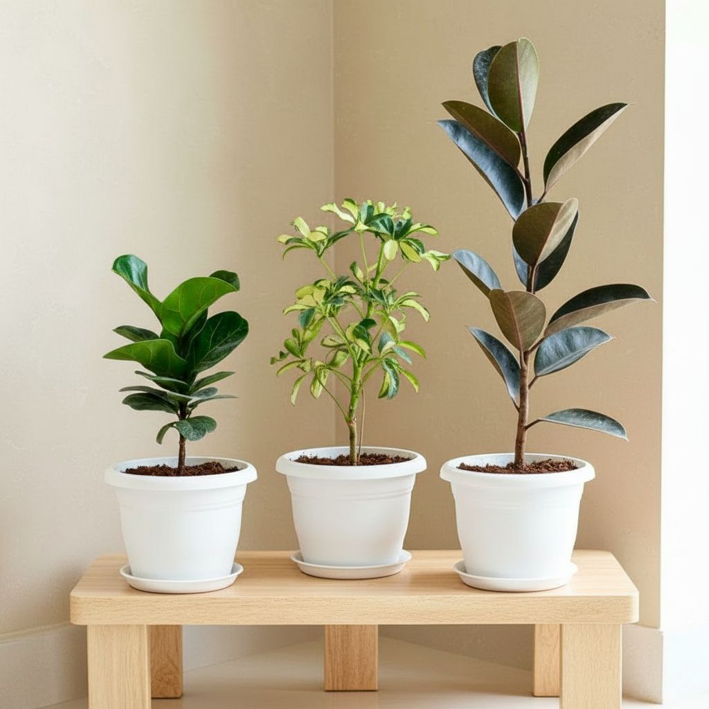 Set of 3 - Schefflera Variegated, Rubber Black & Fiddle Leaf in 8 Inch White Classy Plastic Pot with tray