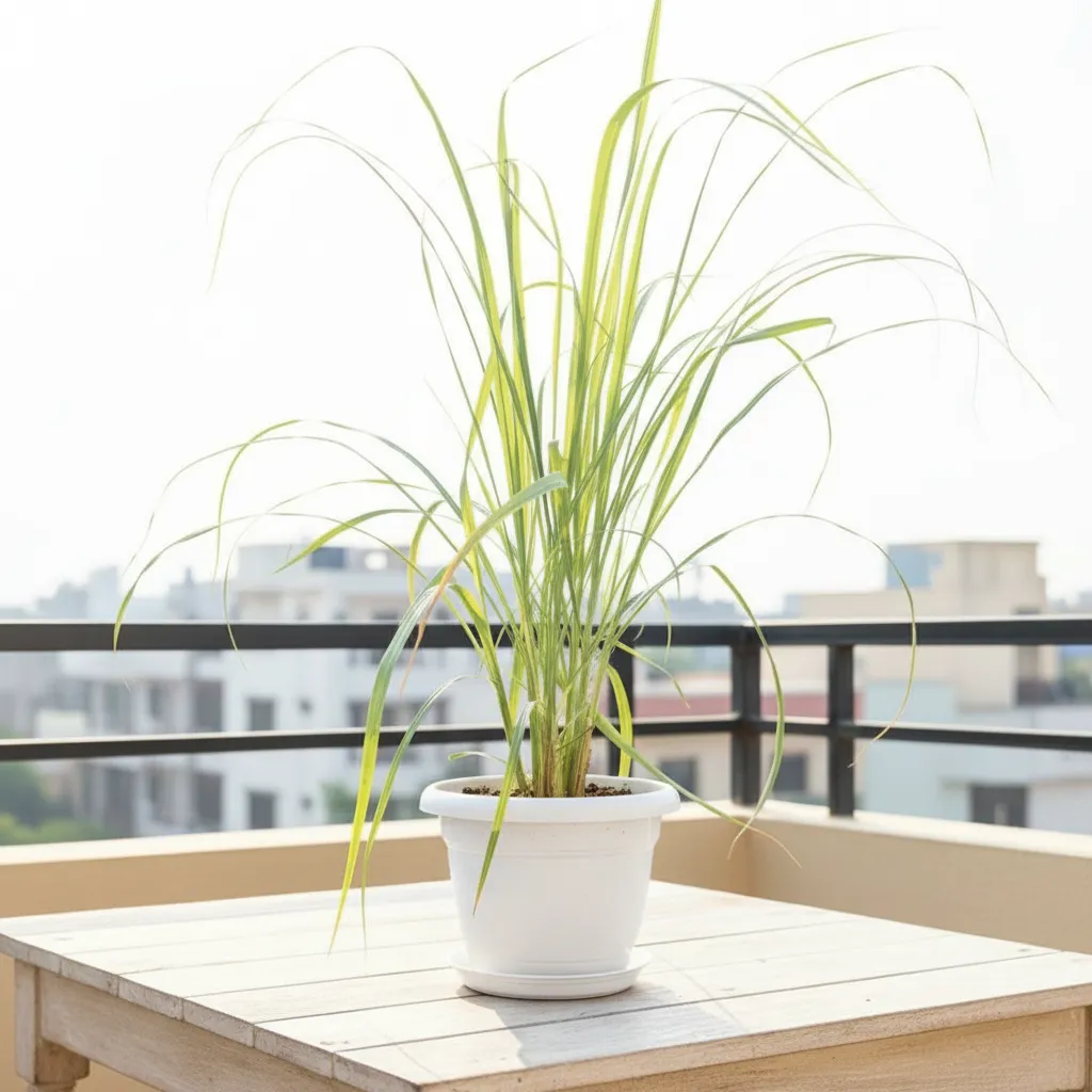 Lemon Grass in 7 Inch Classy White Plastic Pot with Tray